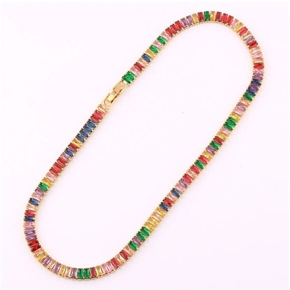 New! Baguette Multi Color Rainbow Gemstone Goldtone Choker Necklace - Picture 3 of 7